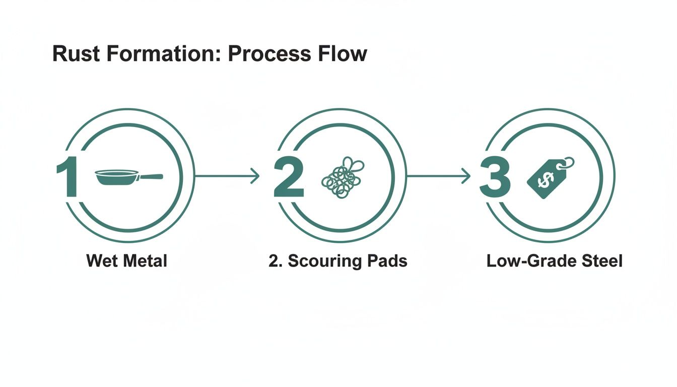Diagram showing the rust formation process: wet metal, scouring pads, and low-grade steel.