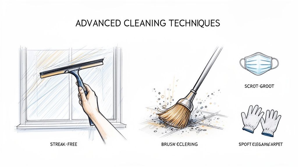 Illustration of various advanced cleaning techniques and tools, including a squeegee, broom, mask, and gloves.