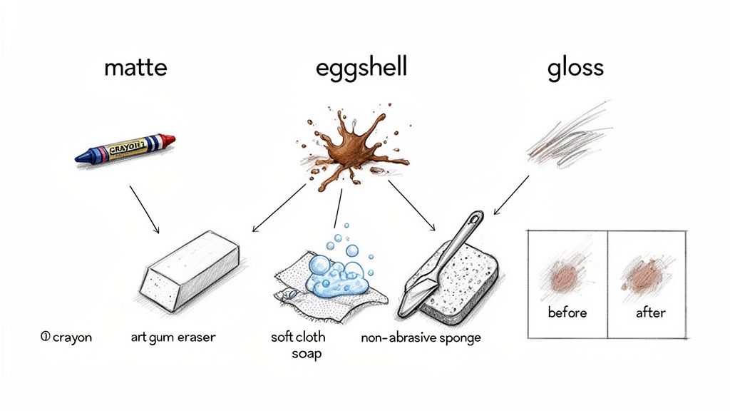 Diagram showing how to remove crayon, mud, and smudges from matte, eggshell, and gloss wall finishes.