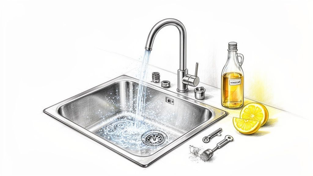 A detailed illustration showing a kitchen sink, running water, vinegar, lemon, and tools for cleaning.