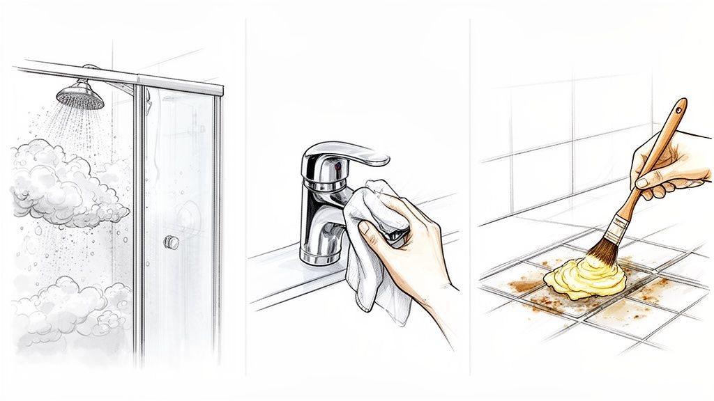 Illustrations showing a shower, wiping a faucet, and scrubbing tile grout for cleaning.