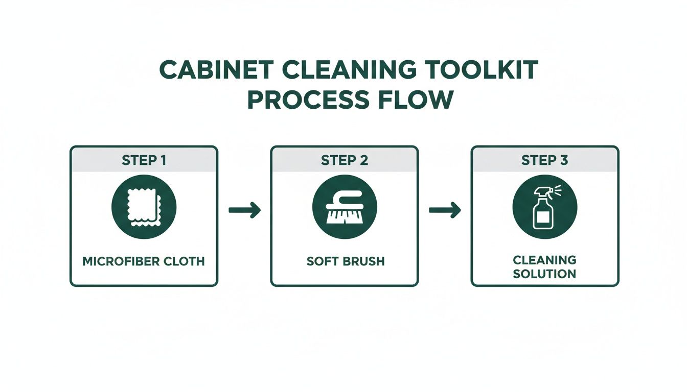 Process flow for cabinet cleaning, showing three steps: microfiber cloth, soft brush, and cleaning solution.