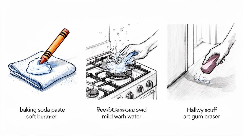 Illustrations show cleaning methods: baking soda for crayon, soapy water for stove, and an eraser for scuffs.