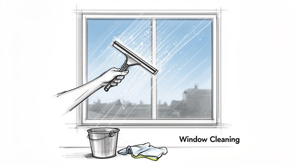 A hand using a squeegee to clean a window, with a bucket and a cloth below.