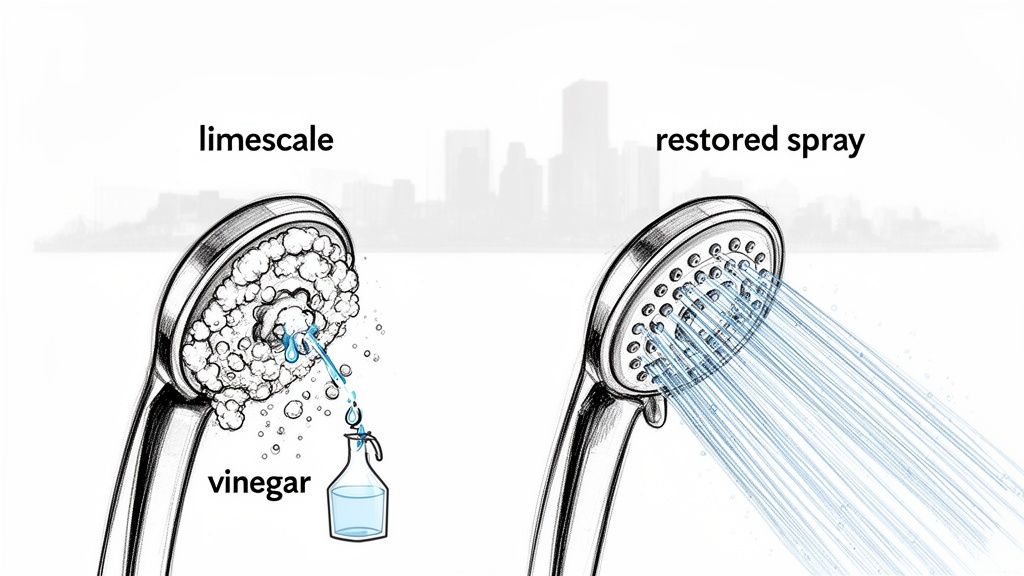 Illustration demonstrating cleaning a limescale-covered shower head with vinegar for a restored, clear water spray.