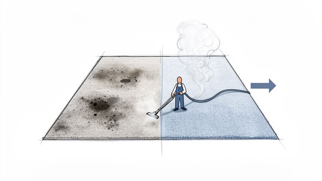 A person uses a steam cleaner to clean a dirty floor, revealing a fresh, clean surface.