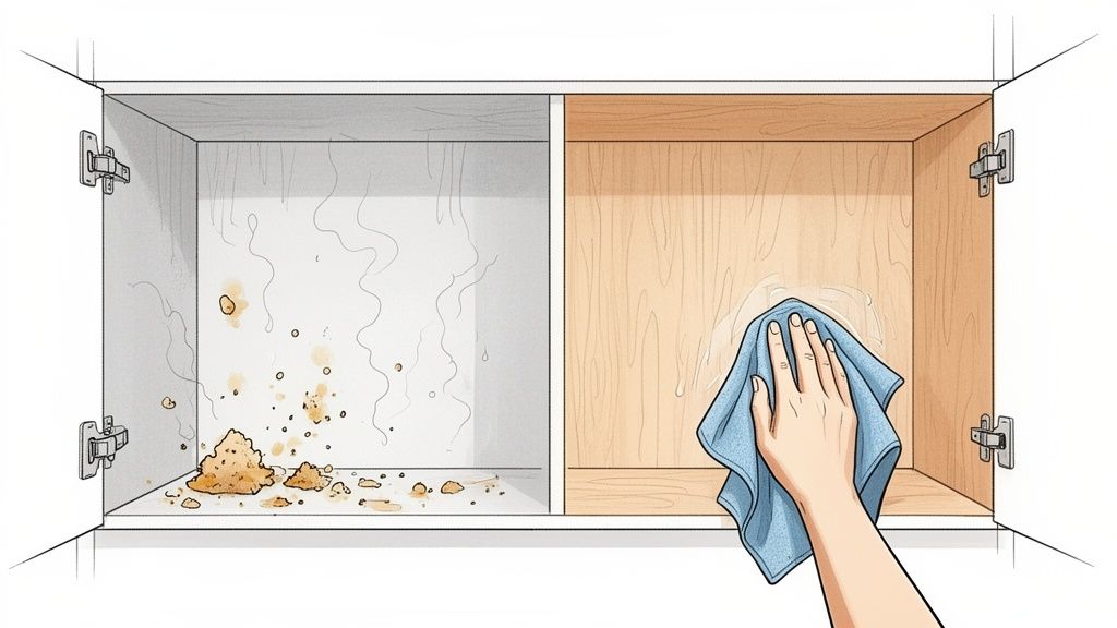A two-compartment kitchen cabinet showing one dirty side with crumbs and dust, and another side being wiped clean.