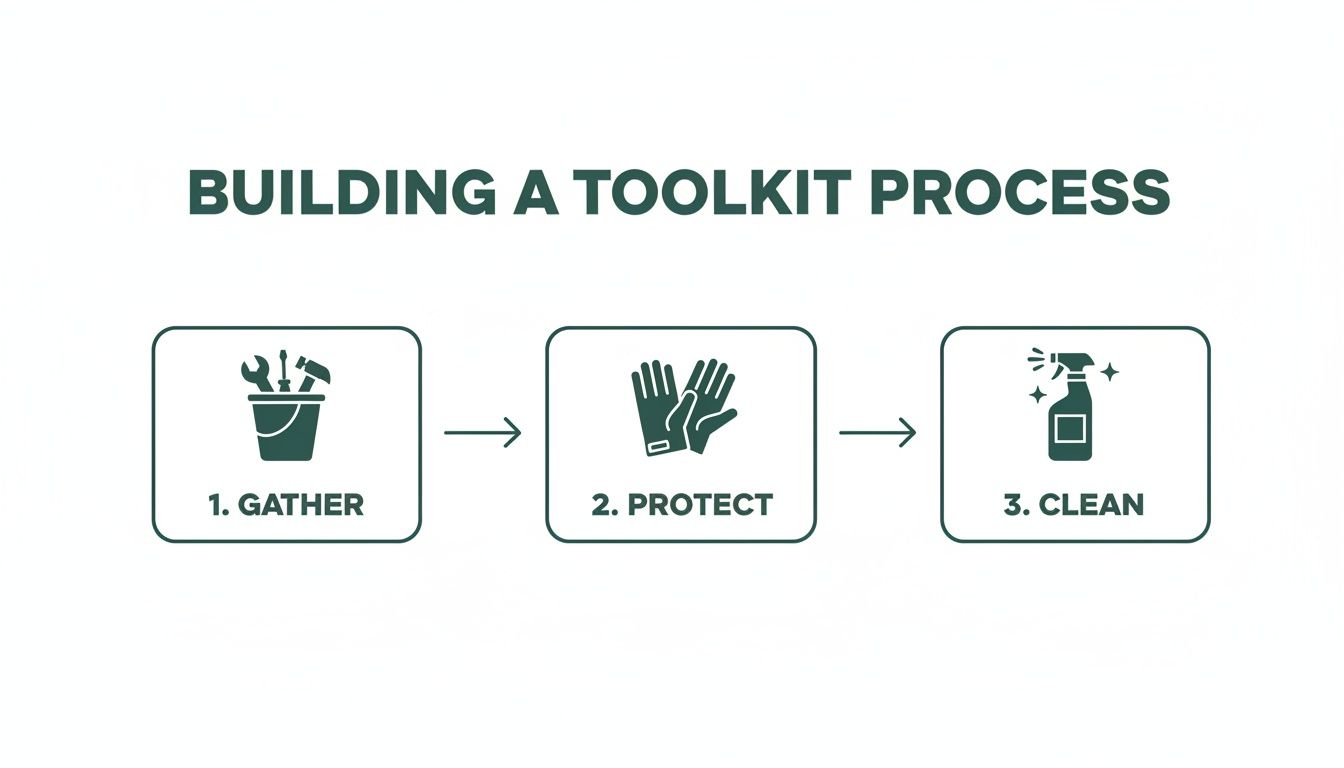 An infographic outlining a three-step process for building a toolkit: gather, protect, and clean.