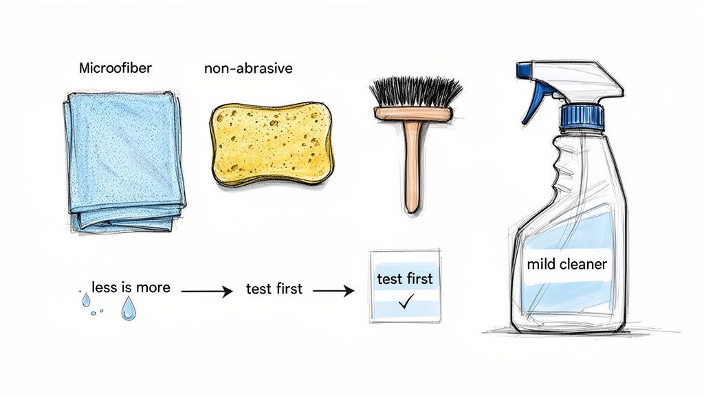 Illustration showing various cleaning supplies including a microfiber cloth, sponge, brush, and mild cleaner, emphasizing 'test first'.