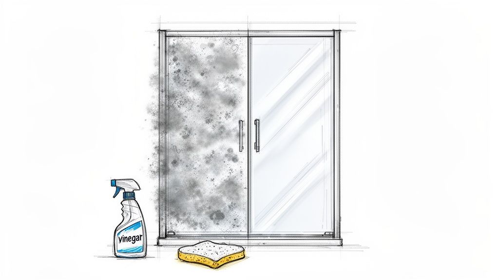 Illustration of a dirty shower door being cleaned with vinegar and a sponge.