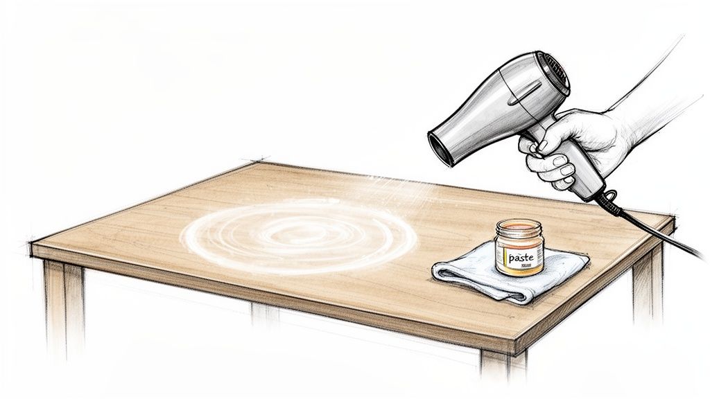 Hairdryer applied to a water ring on a wooden table, with a jar of paste and cloth.