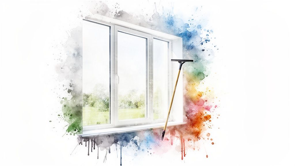 A sparkling clean window with a squeegee leaning, surrounded by vibrant watercolor paint splashes.