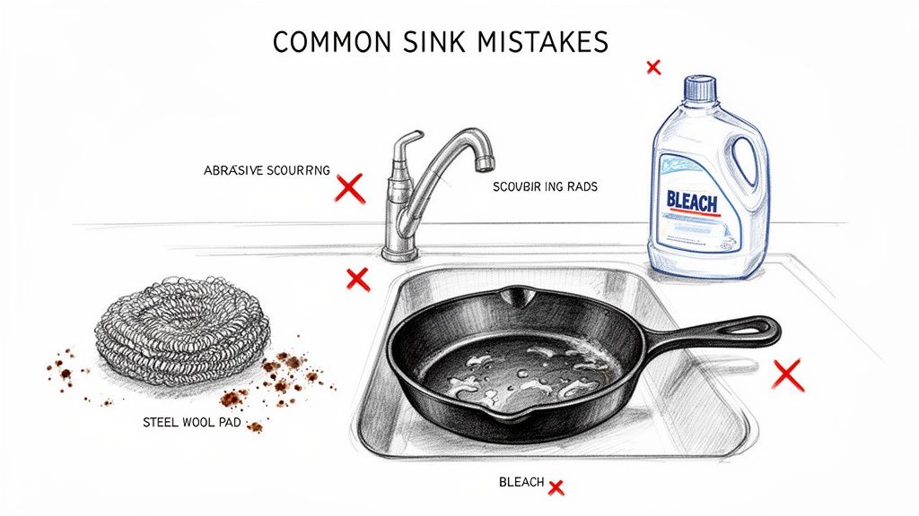 An illustration of common sink cleaning mistakes, including steel wool, abrasive scrubbing, and bleach near a cast iron pan.