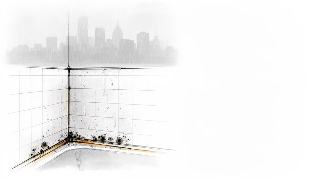 Illustration of a shower corner with severe water leakage, extensive mold growth, and a rainy city view.