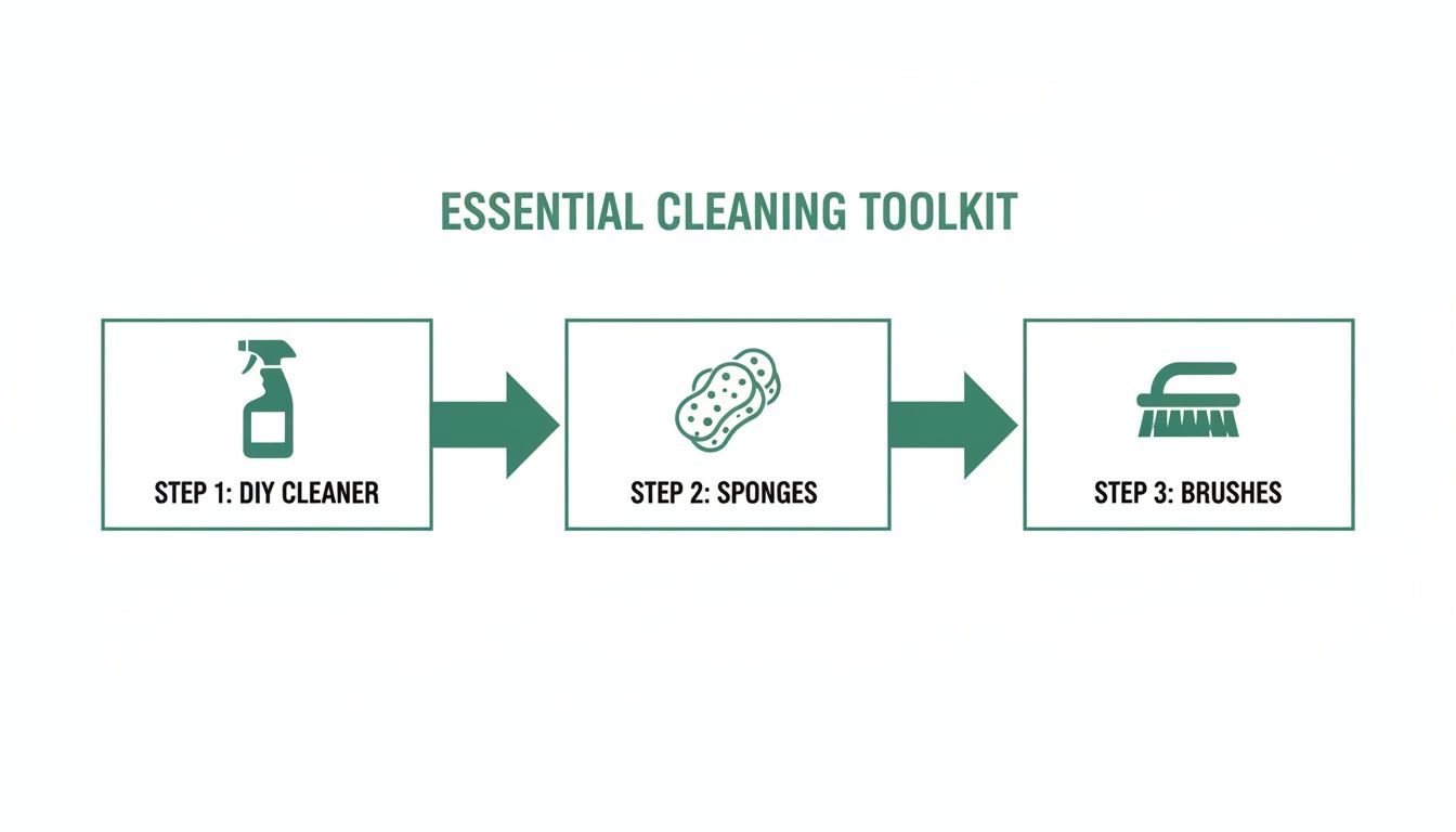 A flowchart outlining an essential cleaning toolkit with steps for DIY cleaner, sponges, and brushes.