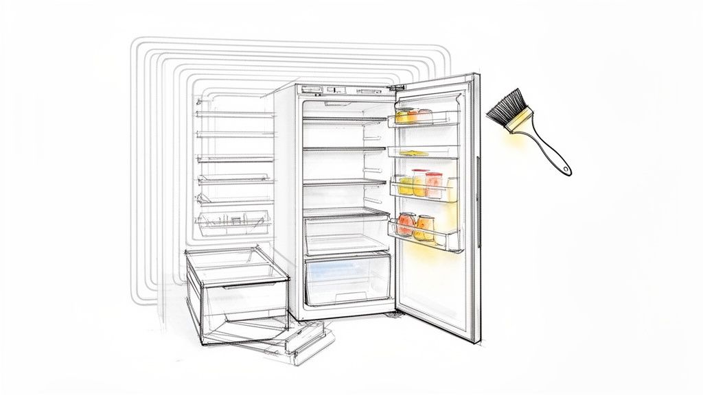 A detailed sketch of an open refrigerator with various jars and a paintbrush overhead.