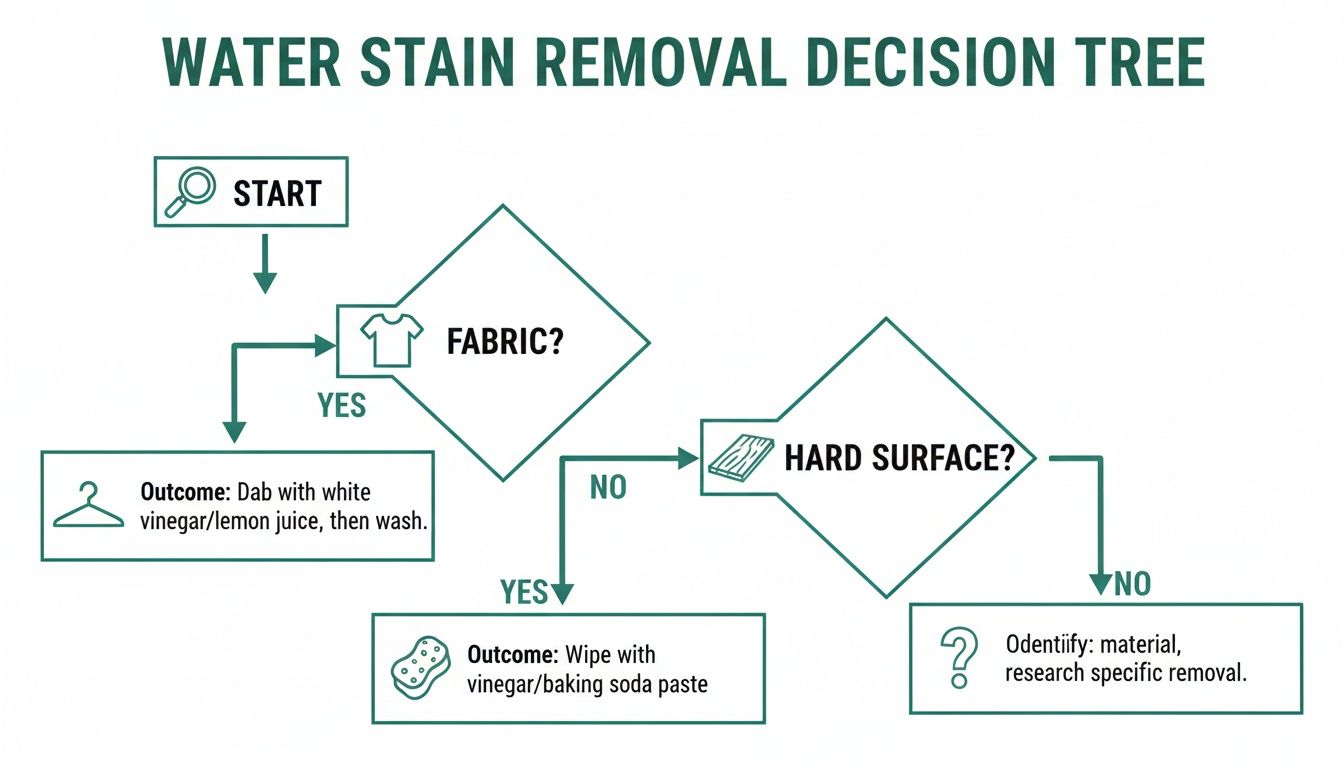 Decision tree flowchart detailing steps to remove water stains from fabric or hard surfaces.
