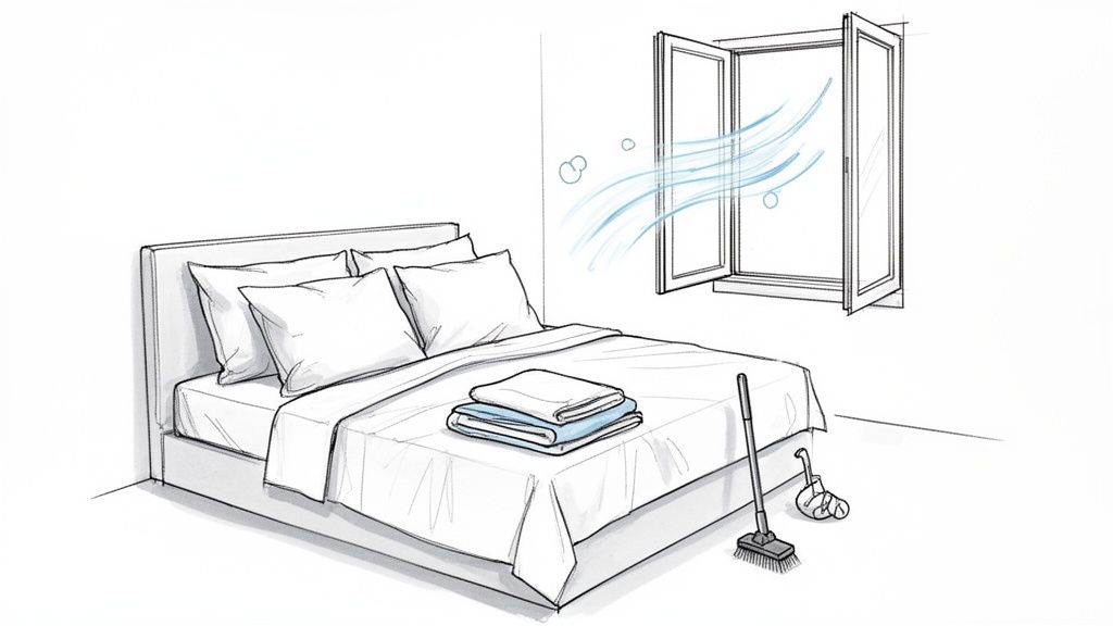 A clean bedroom featuring a made bed with folded linens, an open window letting in fresh air, a broom, and a dustpan.