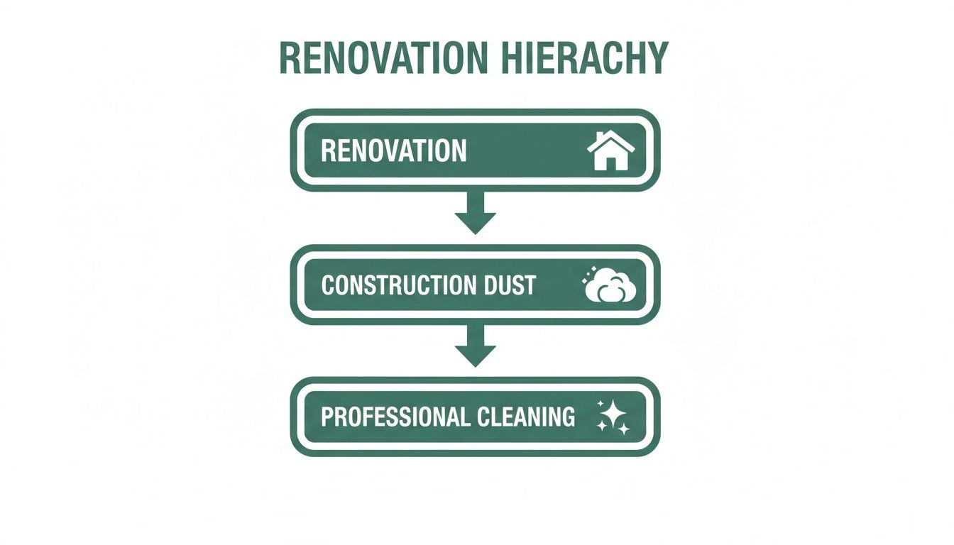 A renovation hierarchy flowchart showing renovation leading to construction dust, which requires professional cleaning services.