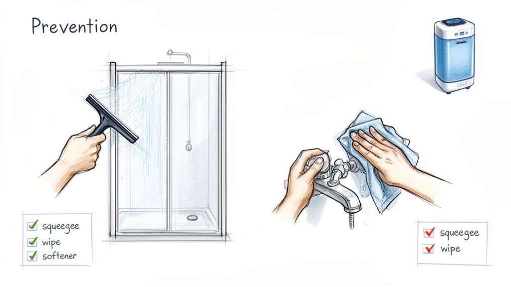 Illustration showing prevention methods for hard water stains: squeegeeing a shower, wiping a faucet, and a water softener.