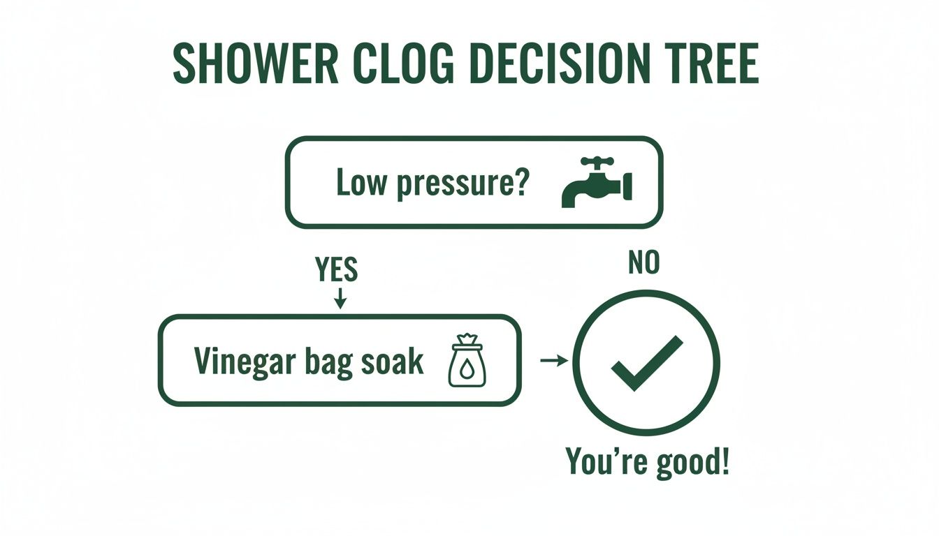 A decision tree diagram explaining how to fix low shower pressure using a a vinegar soak.