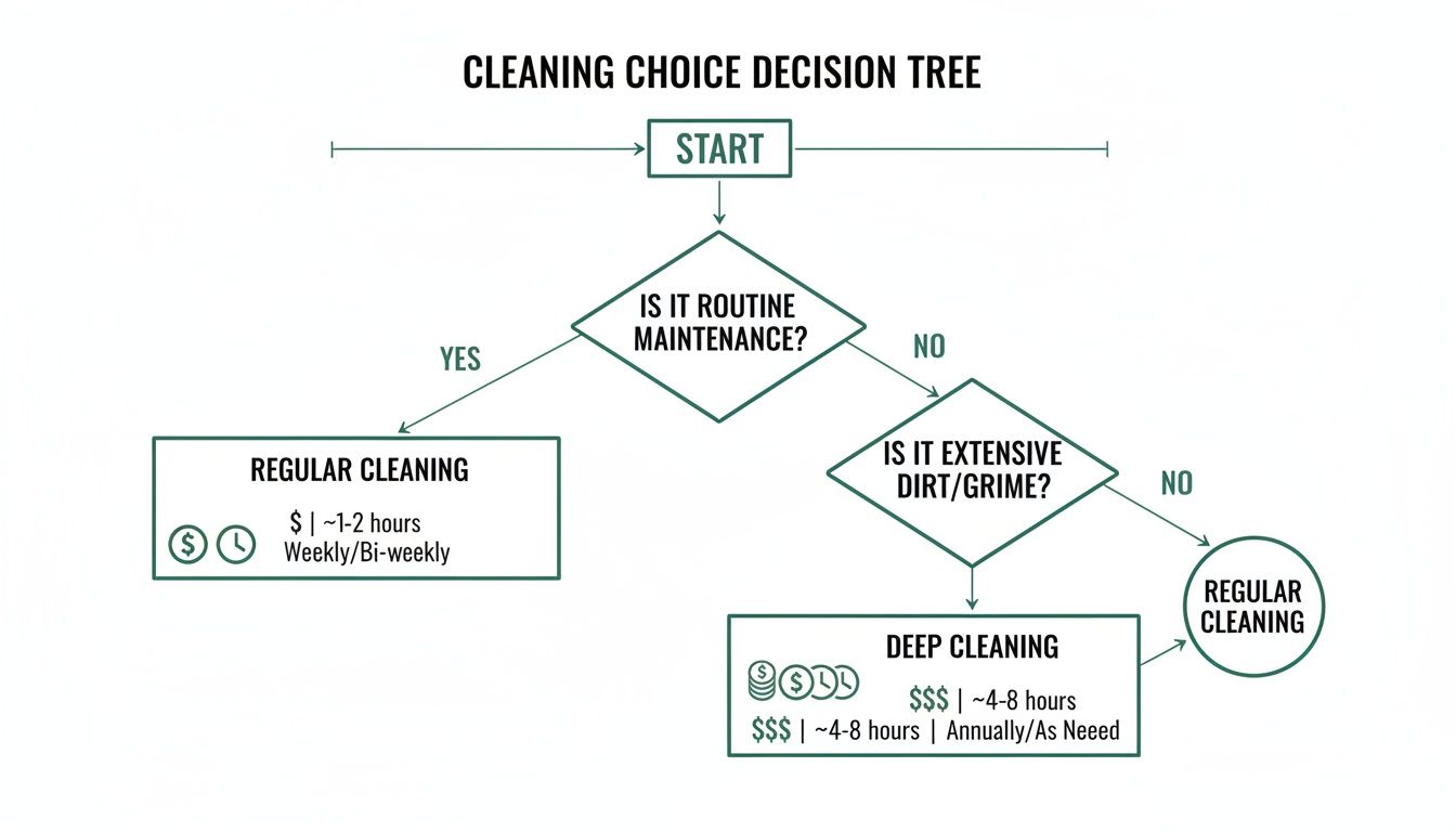 A cleaning choice decision tree flowchart, guiding users to regular or deep cleaning based on maintenance needs and dirt levels.
