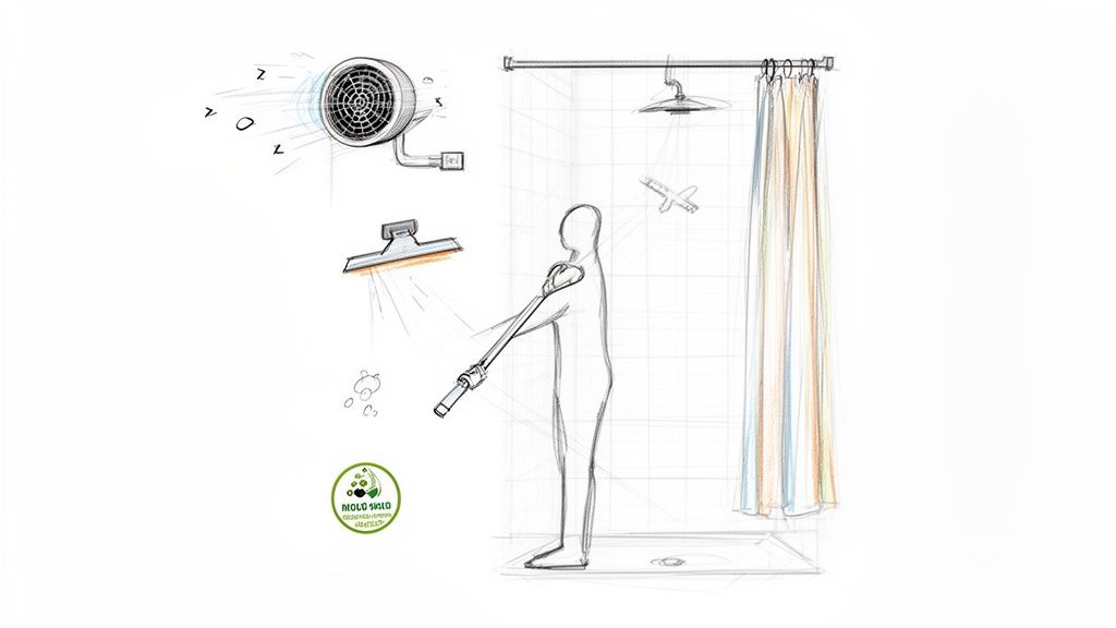Sketch illustrating shower cleaning and mold prevention, showing a person using a squeegee and a fan.