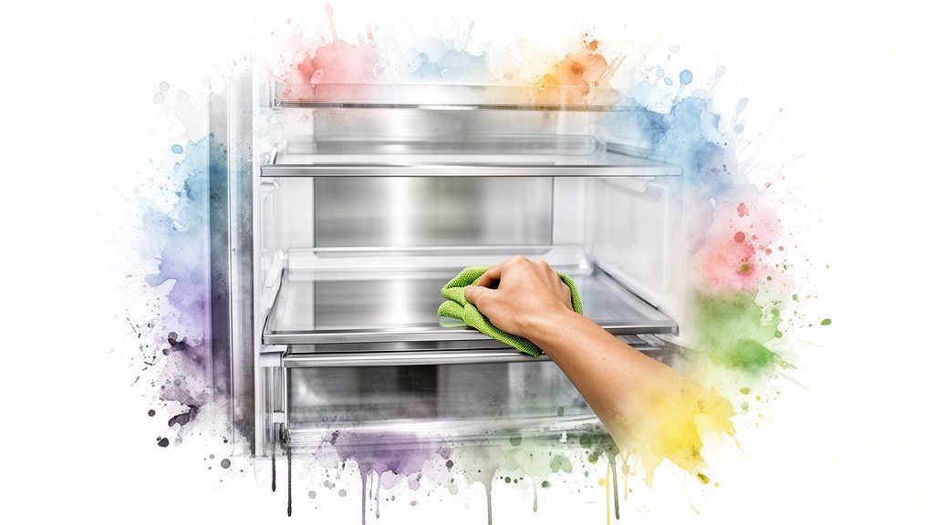 A hand wiping the clean glass shelves of an empty refrigerator with a green cloth, surrounded by colorful watercolor splashes.