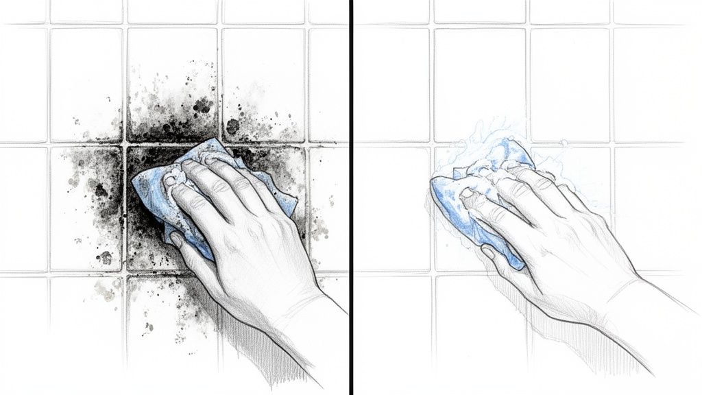 A hand with a blue cloth cleans black mold from white bathroom tiles, showing before and after.