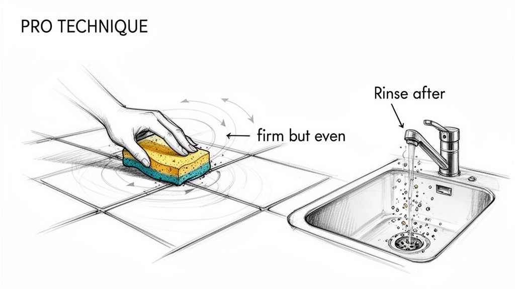 A hand firmly scrubs a tiled surface with a sponge using a circular motion, followed by rinsing debris in a sink.