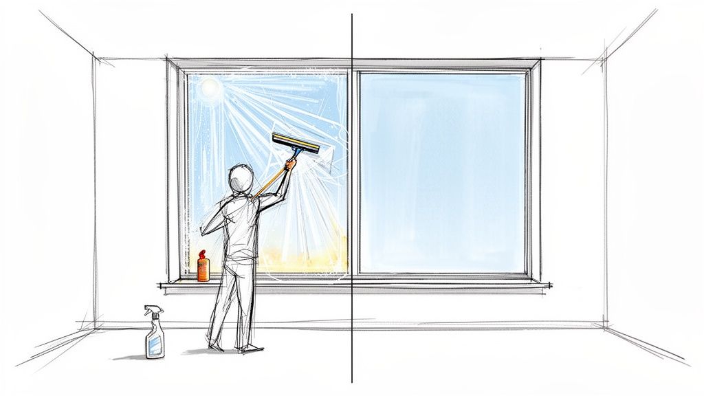 Illustration of a person using a squeegee to clean a window, one side still dirty.