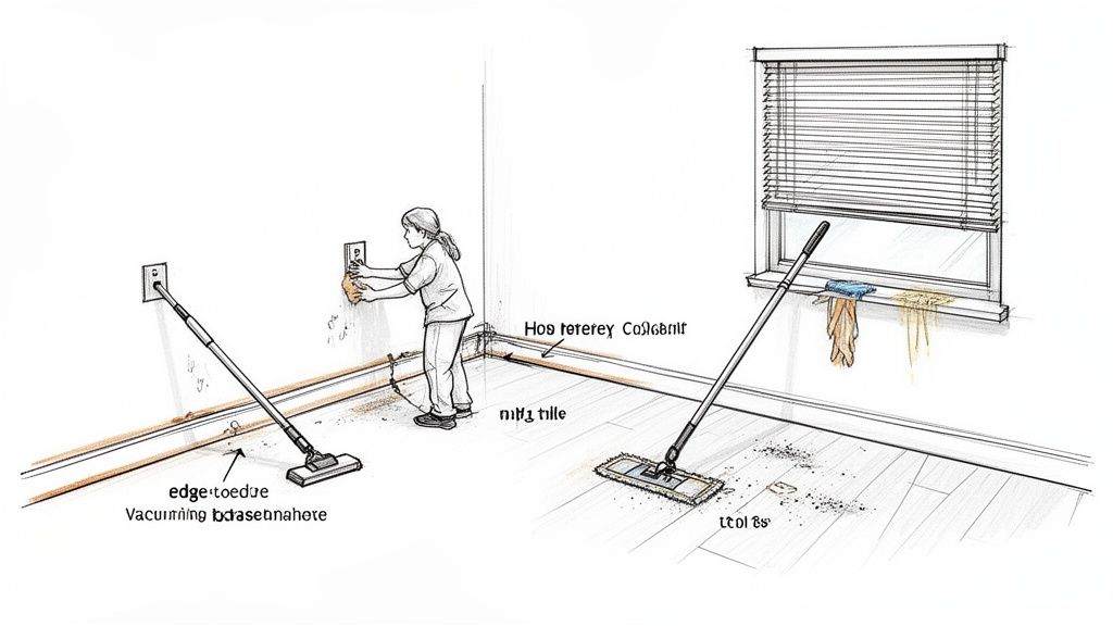 A person deep cleaning a room, wiping a wall outlet, with a vacuum and mop nearby.
