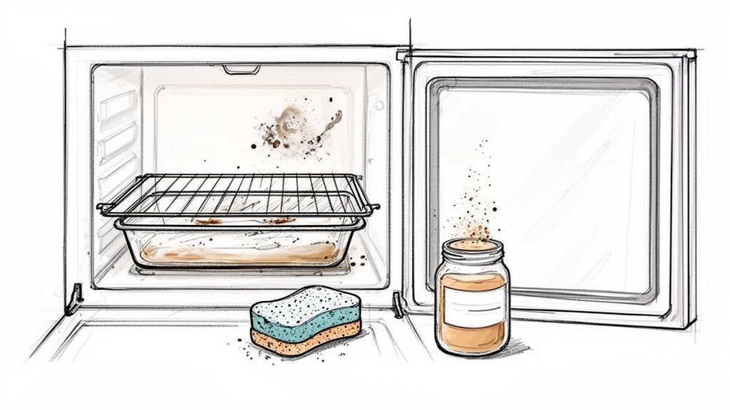 An open, dirty oven revealing baked-on grime, with a cleaning sponge and powder ready for deep cleaning.