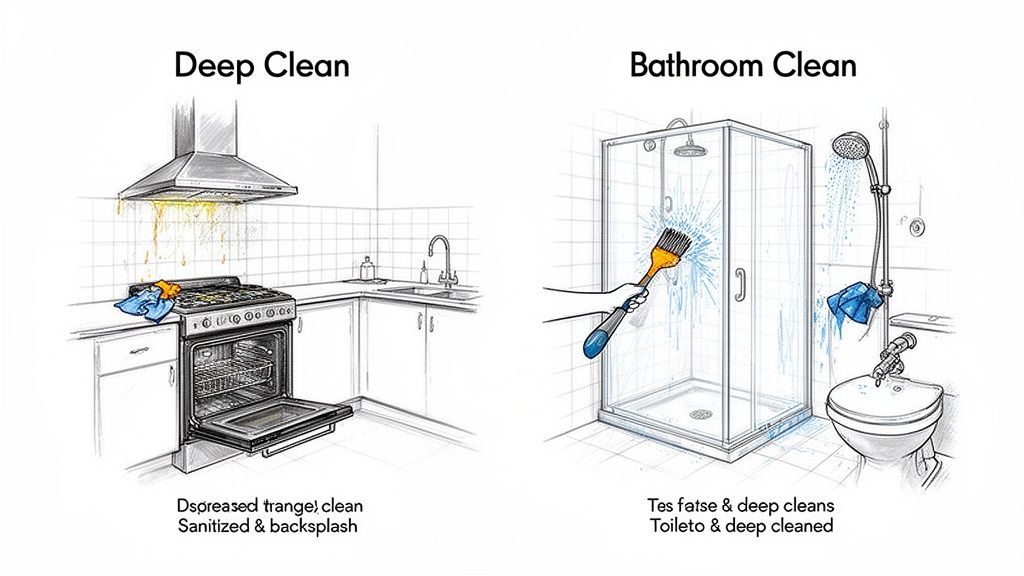 Illustration showing deep cleaning tasks in a kitchen (range, backsplash) and a bathroom (shower, toilet).