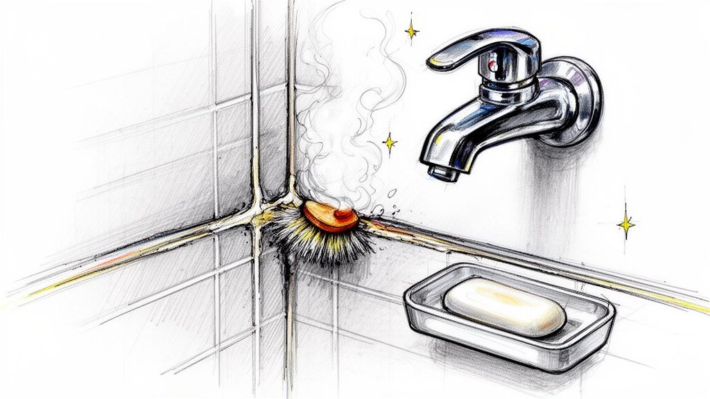 A scrubbing brush vigorously cleans dirty tile grout in a bathroom, producing steam, with a shiny faucet and soap dish nearby.