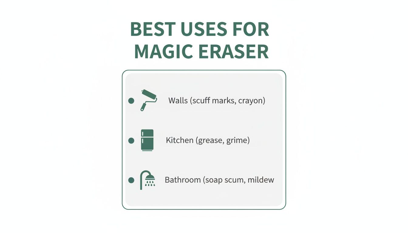 A list detailing the best uses for a magic eraser, including walls, kitchen, and bathroom.