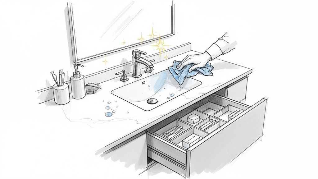 A hand uses a blue cloth to wipe a clean bathroom sink and counter, with an open organized drawer.