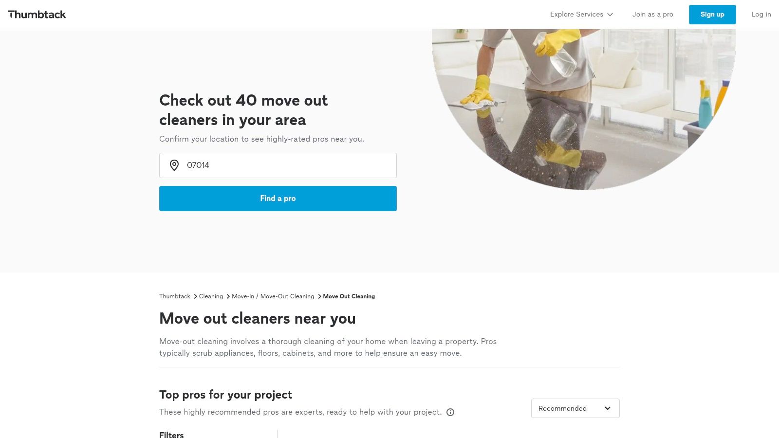A screenshot of the Thumbtack website showing the move-out cleaning service category with a search bar for location.