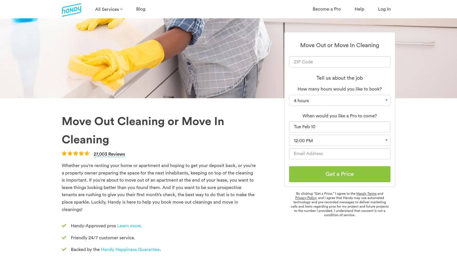 A screenshot of the Handy website's move-out cleaning service page, showing fields to enter home details for an instant quote.
