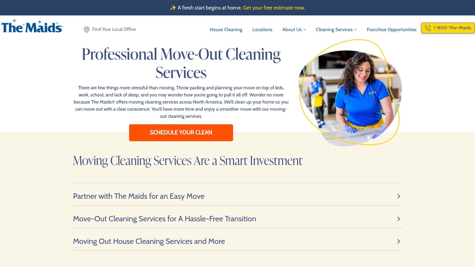 A screenshot of The Maids website featuring their Moving Cleaning Services page with a button to request an estimate.