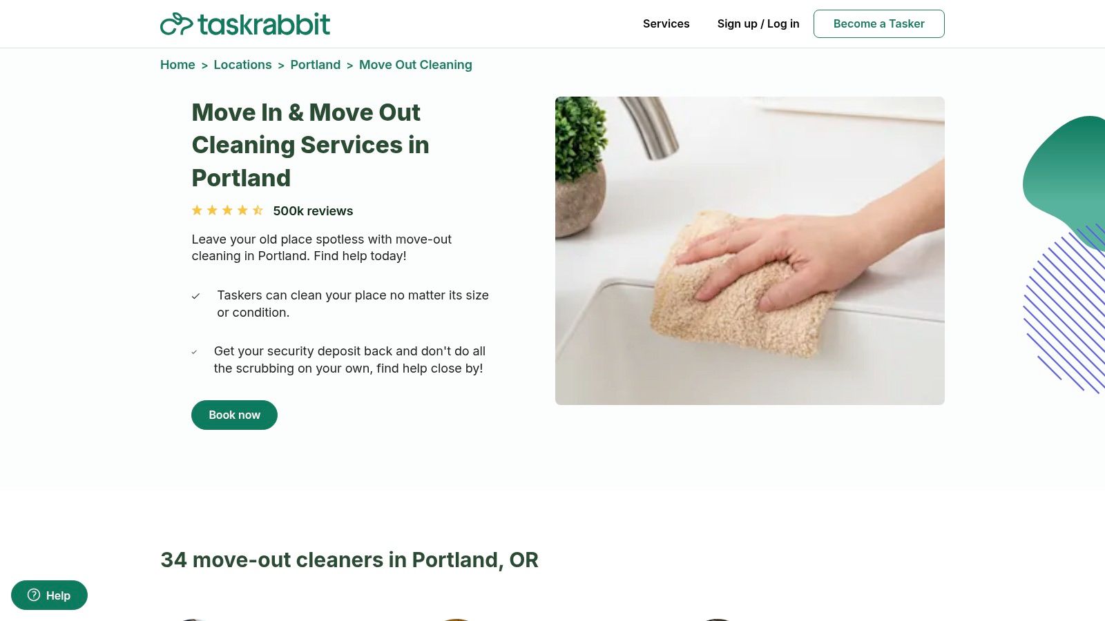 A Tasker cleaning a kitchen sink as part of a move-out service booked through Taskrabbit.