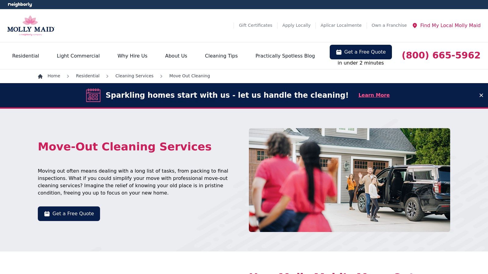 A screenshot of the Molly Maid website's move out cleaning service page, highlighting their professional team.
