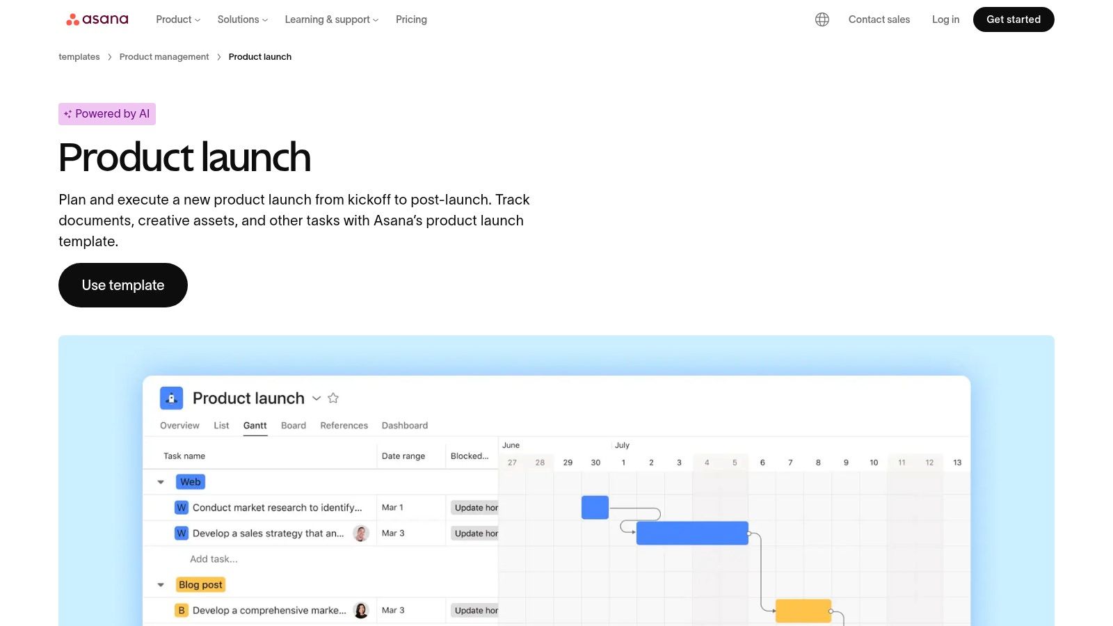 Asana's product launch checklist template showing a Gantt chart-style Timeline view with tasks, dependencies, and owners.
