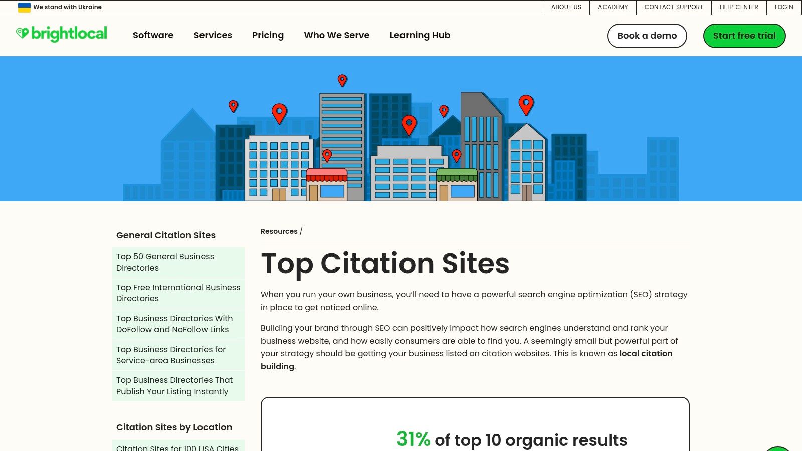A screenshot of the BrightLocal website showing a list of top citation sites, categorized with domain authority and notes.
