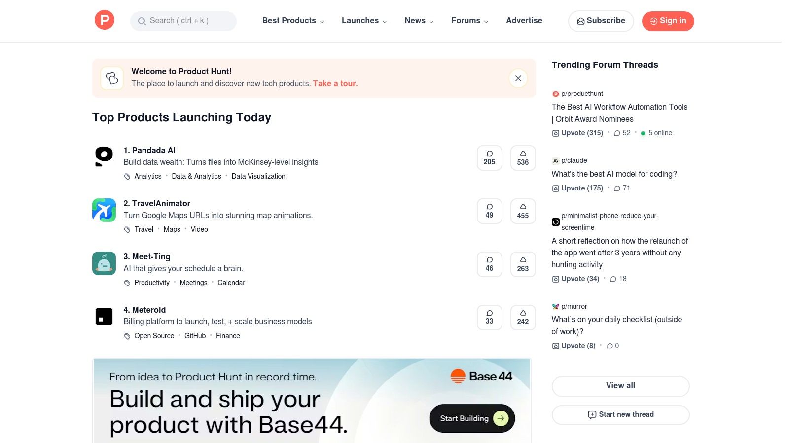 A screenshot of the Product Hunt website showing a list of trending tech products with upvote counts and brief descriptions.