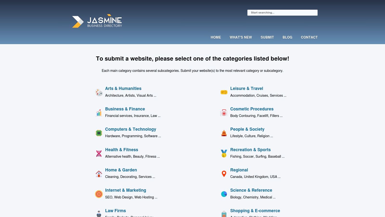 A screenshot of the Jasmine Directory homepage, showing its clean interface and category listings.