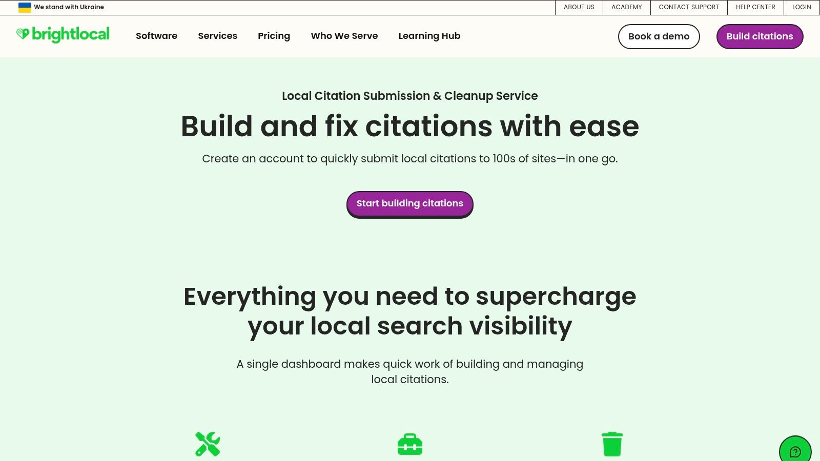 A screenshot of the BrightLocal Citation Builder dashboard showing options for building new citations, cleaning up existing ones, and submitting to data aggregators.