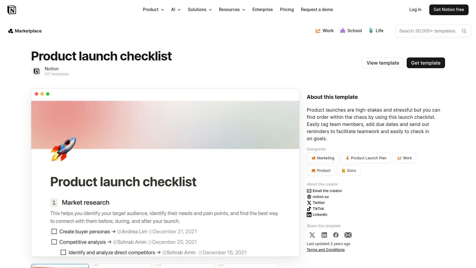 Notion's product launch checklist template showing a database view with tasks, statuses, owners, and timelines.