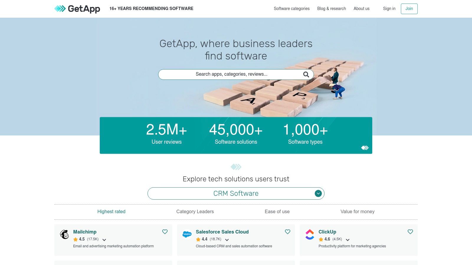 A screenshot of the GetApp website showing various software categories and featured apps.