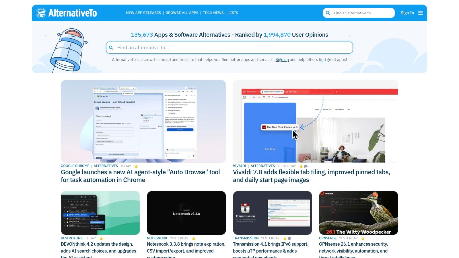 A screenshot of the AlternativeTo website homepage, showing the search bar and popular software categories.